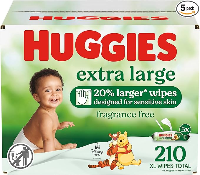Huggies Extra Large Baby Wipes, Unscented, 5 Flip-Top Packs, 210 XL Wipes Total, Packaging May Vary