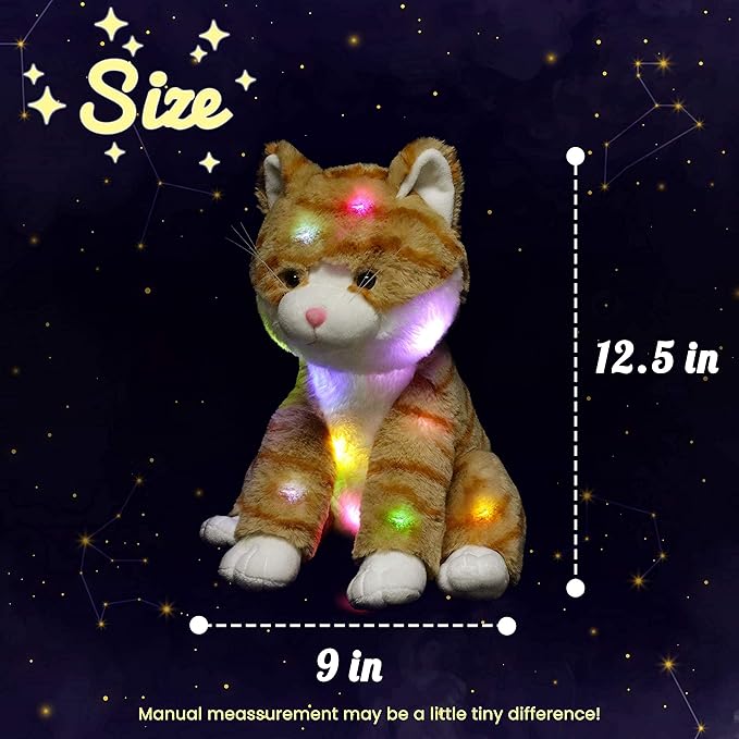 Hopearl LED Plush Kitty Lighting Up Stuffed Animal Cat Floppy Kitten Night Lights Glow in The Dark Birthday Festival for Kids Toddler Girls, Orange, 12.5''