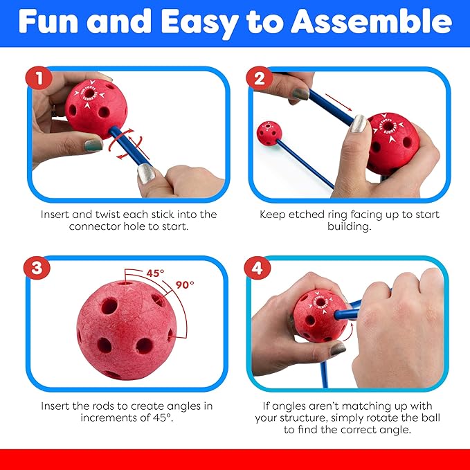 Power Your Fun Fun Forts Kids Tent - 81 Pack Fort Building STEM Toys Kit, Construction Toys Play Tent Indoor and Outdoor Playhouse for Kids with 53 Rods and 28 Spheres (Red, Blue)