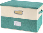 Large Linen Fabric Foldable Storage Bins with Removable Lid and Handles, Washable Storage Box Organizer Containers Baskets Cube with Cover for Bedroom,Closet,Office (Turquoise&Cream, Medium)