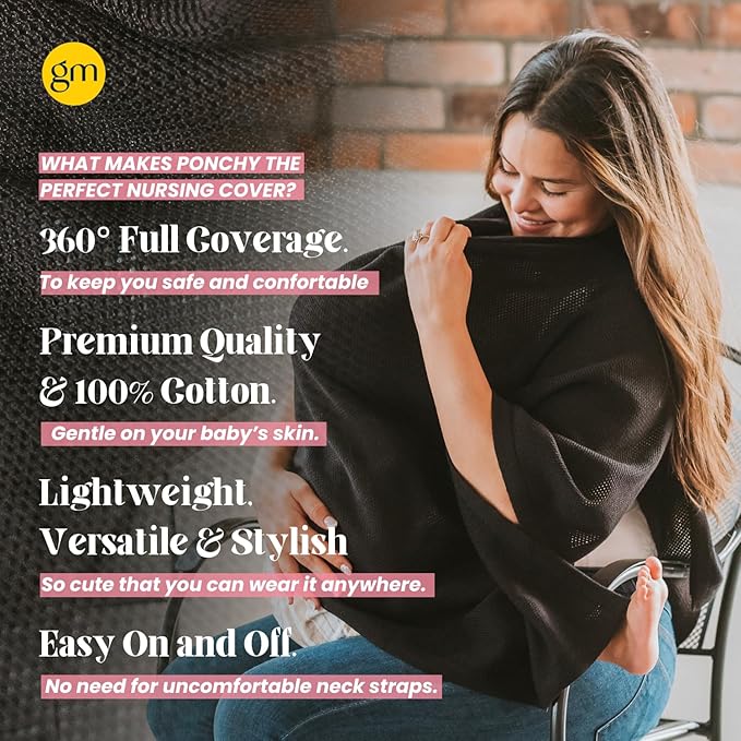 100% Cotton - Breathable Nursing Cover Up for Breastfeeding - Privacy Nursing Covers - Breastfeeding Must Haves - Ponchy by Gold Mamas - Versatile Nursing Shawl for Baby Feeding (Black)