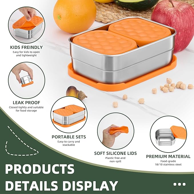 HaWare Stainless Steel Lunch Box for Kids, Leak Proof Food Storage Containers with Silicone Lids, Portable Sandwich Containers, Easy Open Snack Box for School & Daycare, Dishwasher Safe (8oz*2+25oz)