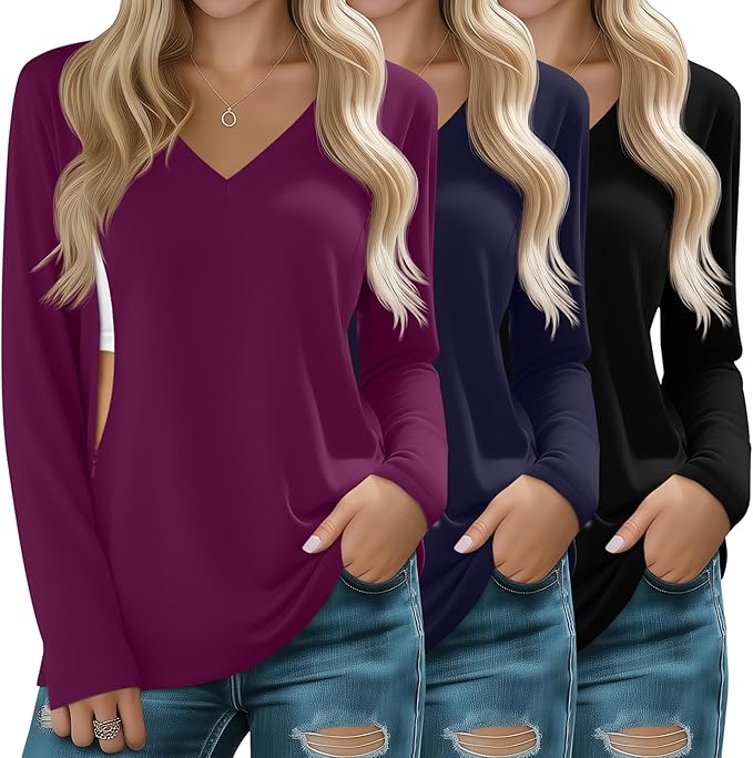 Huukeay 3 Pack Women's Long Sleeve Nursing Tops, Breastfeeding Hidden Zippers Shirts V Neck Maternity Pregnancy Tees Clothes