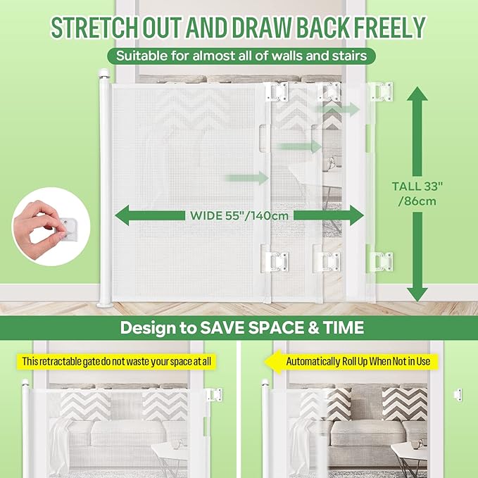 Retractable Baby Gate, Extra Wide Safety Kids or Pets Gate, 33” Tall, Extends to 55” Wide, Mesh Safety Dog Gate for Stairs, Indoor, Outdoor, Doorways, Hallways