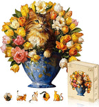 Jigfoxy Wooden Puzzles for Adults, The Vase Cat Wood Puzzles Adult, Unique Animal Shape Wooden Jigsaw Puzzles for Adults, Birthday Gifts for Puzzle Lovers, Family, Friend (S-7.4 * 7.7in-86pcs)