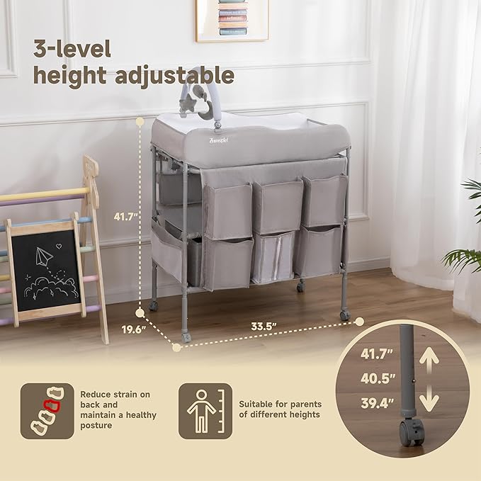 Baby Changing Table, Versatile Portable Folding Changing Table, Waterproof Diaper Changing Station with Waste Basket, Adjustable Height with 2 Drawers, Baby Changing Station for Infant and Newborn