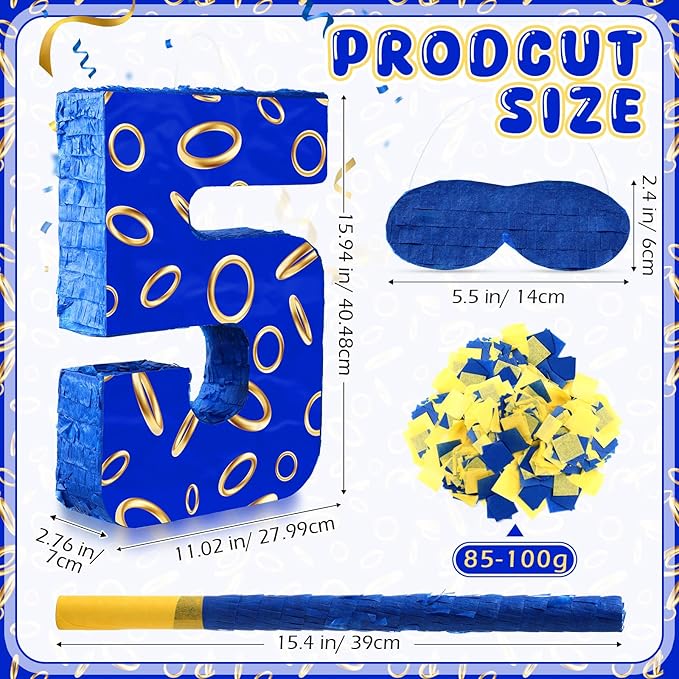 Number 5 Blue and Golden Rings Piñata for Kids Birthday Cartoon Theme Small Piñata with Blindfold Stick Confetti for Fiesta Cinco De Mayo Party Decor, 15.8 x 11 x 2.8 Inch