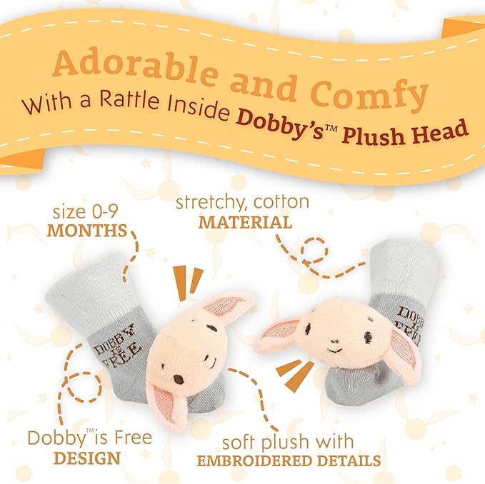 Kids Preferred Harry Potter Dobby Baby Infant Rattle Socks with Dobby Plush Rattle and Dobby is Free - Soft Baby Sock Feet Rattles Encourage Leaning Development Newborn to 9 Months