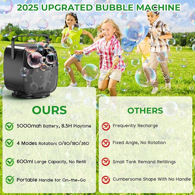 5000mAh Rechargeable Bubble Machine, 90°/180°/360° Auto Rotation, 3 Speeds, Automatic Bubble Blower for Parties, Weddings, Getherings Indoor Outdoor, Bubble Maker Toy for Toddlers, Kids, Pets