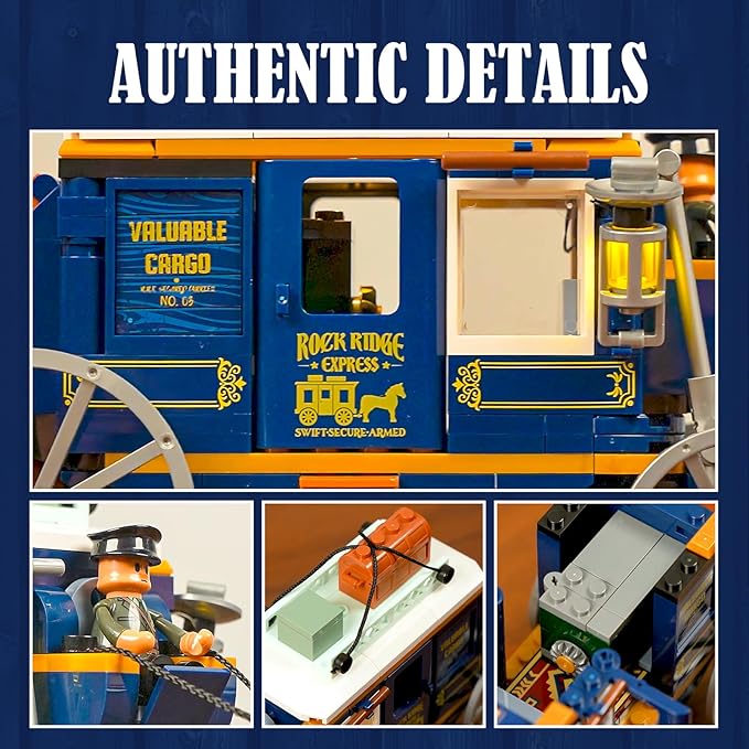 Western Treasure Stagecoach Lighting Building-Bricks Set - Old West Carriage and Horse 307 Pcs Collection Display Set for West Lovers