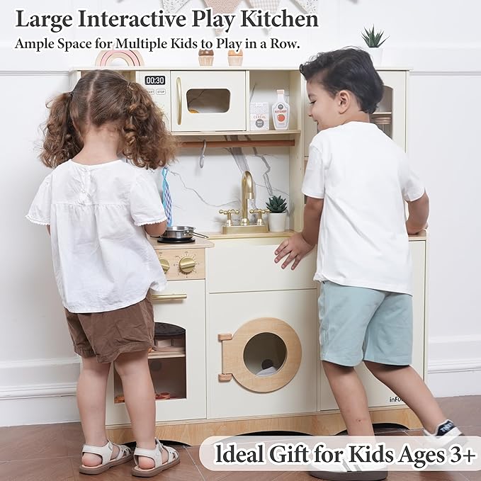 Wooden Play Kitchen for Kids with Realistic and Interactive Features, Includes 20 Toy Kitchen Accessories, Ideal Pretend Playset Gift for Kids and Toddlers Ages 3+