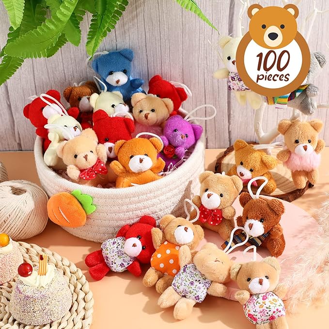 Zhanmai 100 Pcs Mini Plush Stuffed Animal Bulk Small Animal Toys Keychain Party Favors Easter Egg Stuff for Kids Birthday Valentine Carnival Classroom Prizes Gift Goodie Bag Filler(Bear)
