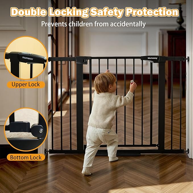Mumeasy Baby Gate for Stairs - 29.6-46" Auto Close Dog Gate for Doorways, Extra Wide Child Gate Indoor, Walking Through Safety Gate for Kid, Pet Gates No Drilling Black, Mom's Choice Awards Winner