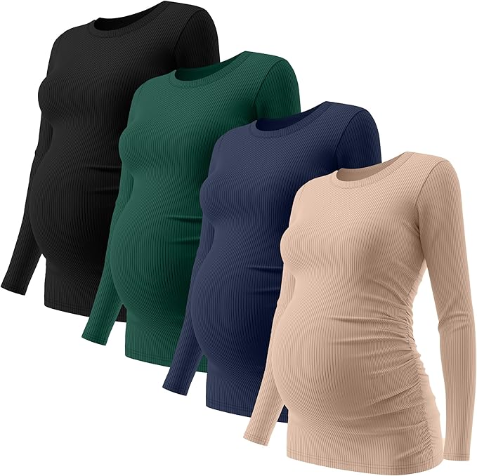 Ficerd 4 Pack Women's Maternity Shirts Cotton Long Sleeve Ribbed Crew Neck Pregnancy Tops Side Ruched Casual Mama Clothes
