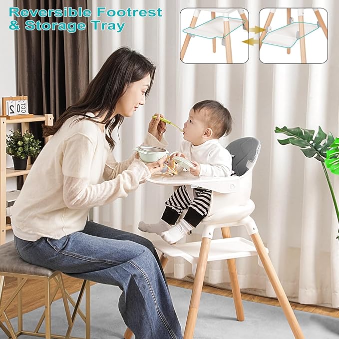 Baby High Chair, 6 in 1 Wooden Convertible High Chairs for Babies and Toddlers, Booster Seat with Double Tray & Reversible Footrest Baby Highchair, 5-Point Harness Baby Feeding Chair, Grey