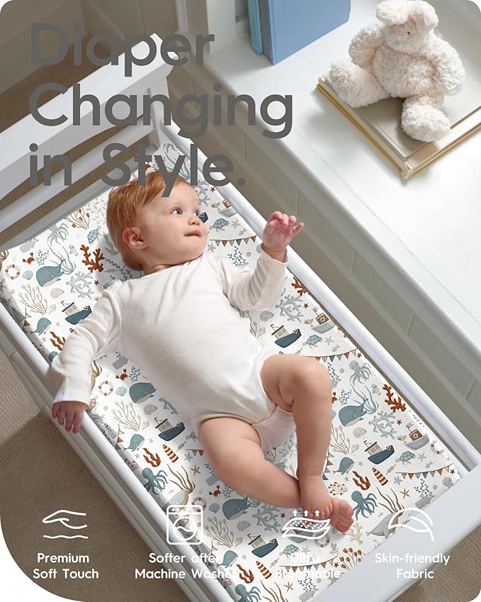 Extra Stretchy Changing Pad Cover, TotBasic Ultra Soft Premium Jersey Knit Changing Pad Sheets, Unisex for Boys Girls, Fits All Standard Changing Tables/Dresser Tops - 2 Pack (Dino + Whale)