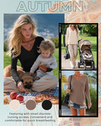 Huukeay 3 Pack Women's Long Sleeve Nursing Tops, Breastfeeding Hidden Zippers Shirts V Neck Maternity Pregnancy Tees Clothes