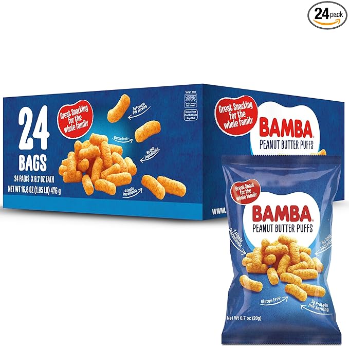 Gratify Bamba Peanut Butter Snacks for Families - All Natural Peanut Butter Corn Puffs Snacks ( 24 pack 0.7oz bags) - Made with 4 Simple Ingredients