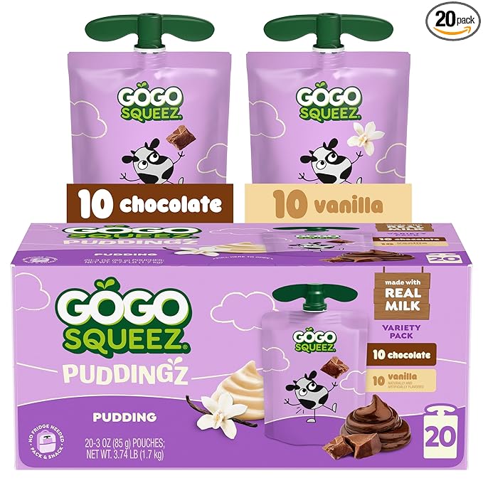 GoGo squeeZ PuddingZ Variety Pack, On-the-Go Chocolate and Vanilla Pudding, 3 oz. Pouches (Pack of 20), BPA Free Pouches