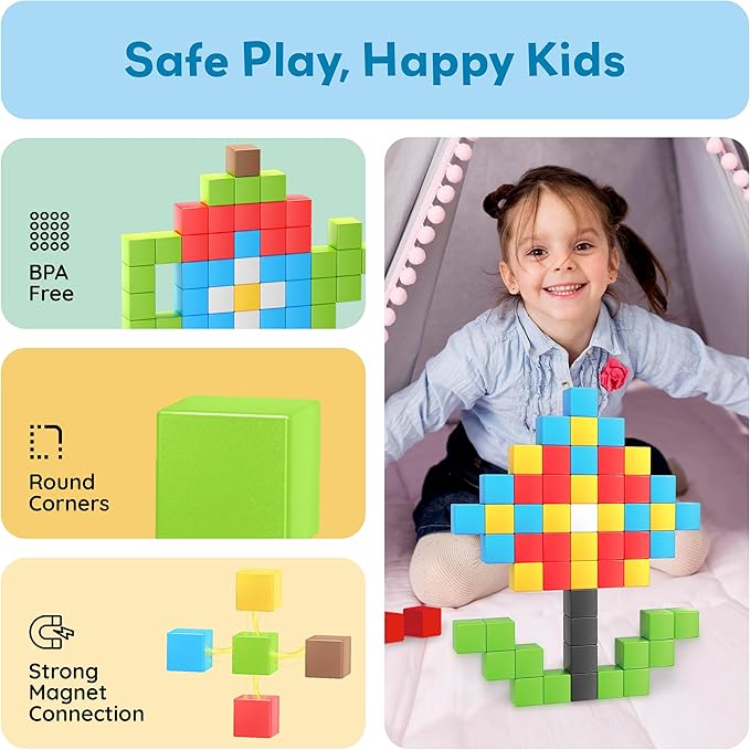PicassoTiles 60pc Magnetic Puzzle Cube Building Set 1 Inch 3D Blocks STEM Construction Toy for Toddlers Kids Boys Girls Age 3+ Montessori Learning Travel Sensory Gift with Educational Idea Book PMC60