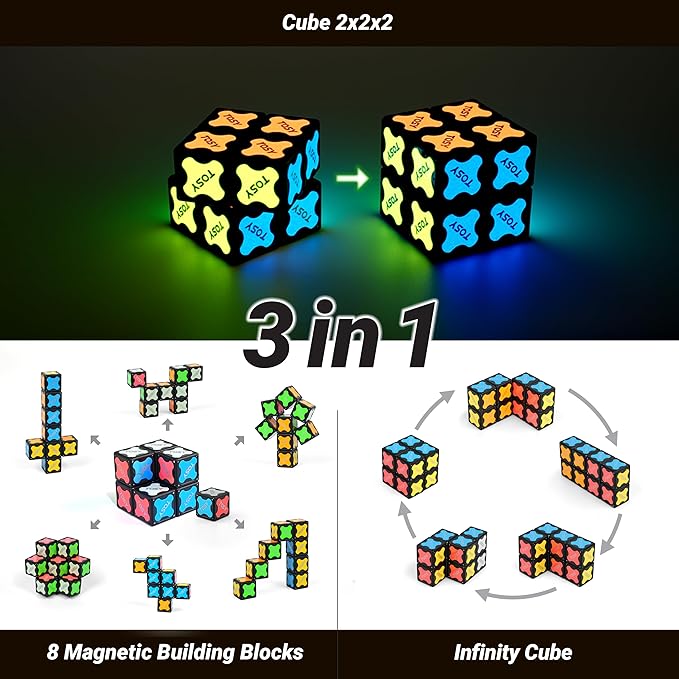 TOSY Magnet Cube 2x2 - 8 Blocks, 2 in 1 Toy: 2x2x2 Puzzle Cube and Customizable Infinity Cube, Glowing, UV Flashlight, Fidget/STEM/STEAM Magnet Tiles Birthday Gift for Kids/Teens/Adults, 4-Pack