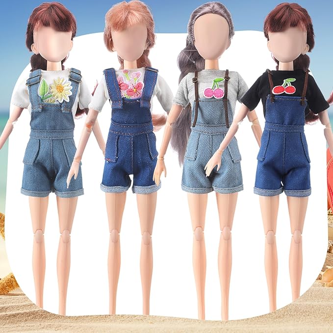 Bencailor 8 Pieces Christmas Doll Clothes for 11.5 Inch Doll Accessories Sweaters Denim Pant Summer Regular Outfit Clothing(T Shirt and Suspender Trousers)