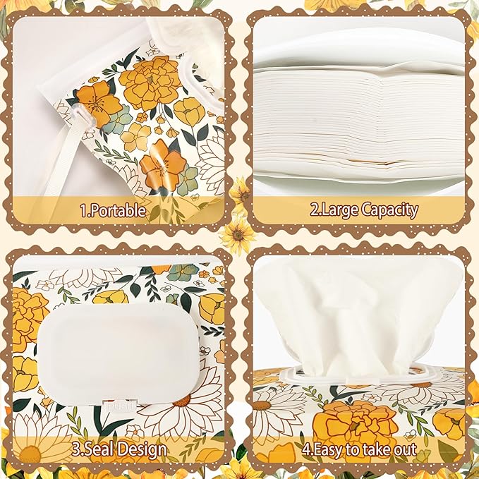 FEBSNOW 2 Pack Baby Wipes Dispenser, Portable Refillable Wipe Holder Baby Wipes Container Travel Wipes Case Reusable Wet Wipes Pouch (Floral, Brown)