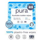 Pura Flushable Toddler Wipes 10 x 60 Wipes (600 Wipes), 100% Plastic Free, 99% Water, Hypoallergenic & Fragrance Free, Totally Chlorine Free, Kids Toilet Wipes, Sensitive Skin
