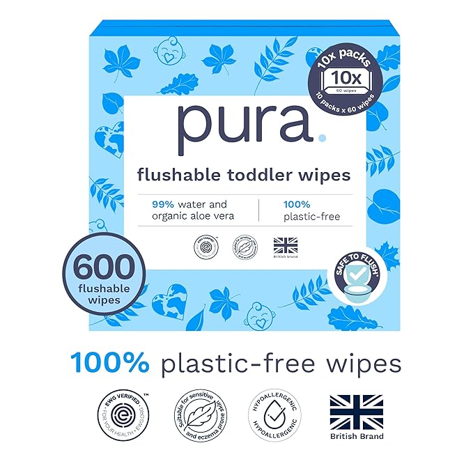 Pura Flushable Toddler Wipes 10 x 60 Wipes (600 Wipes), 100% Plastic Free, 99% Water, Hypoallergenic & Fragrance Free, Totally Chlorine Free, Kids Toilet Wipes, Sensitive Skin