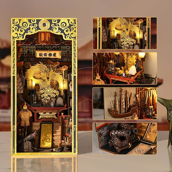 Book Nook Kit, DIY Dollhouse Booknook, Book Nook Miniature Kit for Bookshelf Insert Decor Crafts for Adults Teen Halloween, 3D Wooden Puzzle with Led Light (The Emperor's Study)