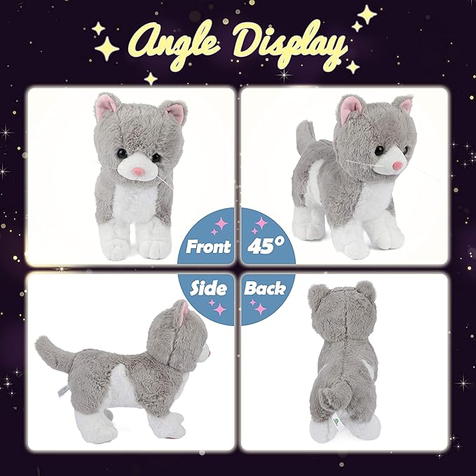 Hopearl LED Plush Kitty Lighting Up Stuffed Animal Cat Floppy Kitten Night Lights Glow in The Dark Birthday Festival for Kids Toddler Girls, Gray, 13.5''