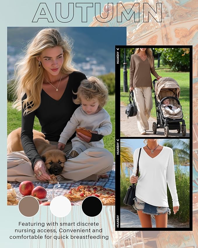 Huukeay 3 Pack Women's Long Sleeve Nursing Tops, Breastfeeding Hidden Zippers Shirts V Neck Maternity Pregnancy Tees Clothes