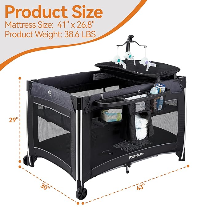 Pamo Babe 4 in 1 Baby Playards with Bassinet & Changing Table, Portable Crib Breathable Mesh and Toy Mobile