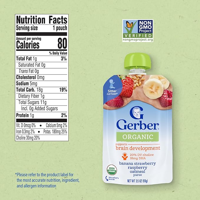 Gerber Stage 2 Baby Food, Organic Banana Strawberry Raspberry Oatmeal, Baby Puree, 12PK