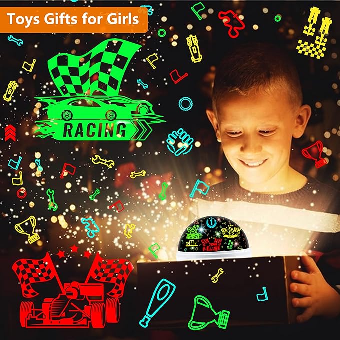 MOKOQI Race Car Night Light Projector Birthday Gifts Toys for Boys Age 3-5 Kids Car Nightlights 360 Degree Rotation with 17 Colors Changing Star Projector Ceiling Light Projector for Boys