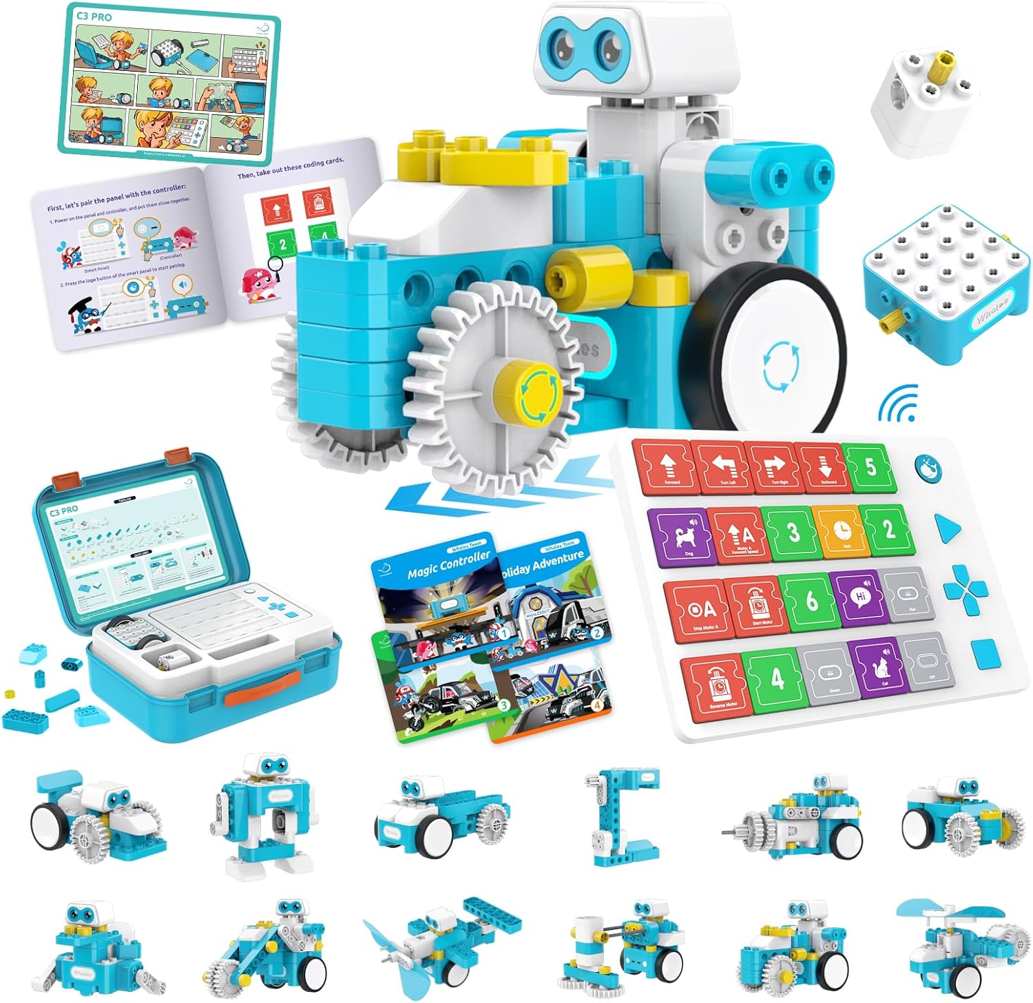 WhalesBot C3 Pro 12-in-1 Remote Control & Coding Robot Kit for Kids 4+, Advanced Smart Panel & Cards Programming, Educational STEM Toy, Block Building Set with Controller & Motor for Kids 4-6, 5-7