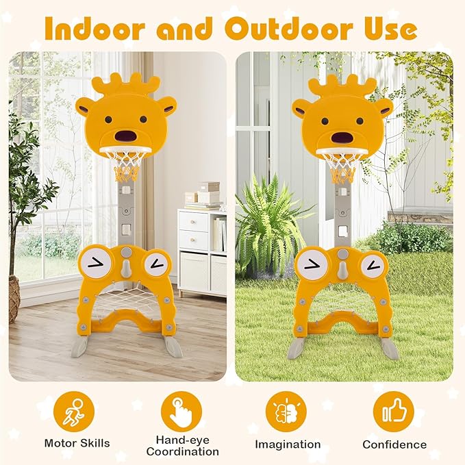 Costzon Toddler Basketball Hoop, 4-in-1 Kids Sports Activity Center with Rim, Soccer Goal, Golf, Ring Toss, Height Adjustable Kids Basketball Hoop with Fillable Base for Indoor Outdoor (Yellow Deer)