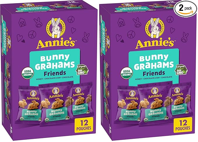 Annie's Organic Friends Bunny Grahams, Chocolate Chip, Chocolate, and Honey Baked Graham Snacks, 12 Pouches, 12 oz (Pack of 2)