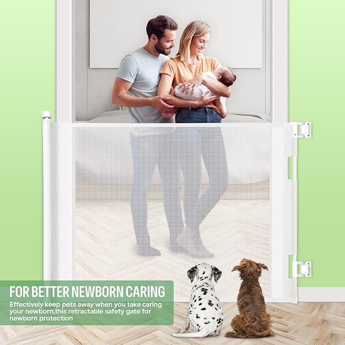 Retractable Baby Gate, Extra Wide Safety Kids or Pets Gate, 33” Tall, Extends to 55” Wide, Mesh Safety Dog Gate for Stairs, Indoor, Outdoor, Doorways, Hallways