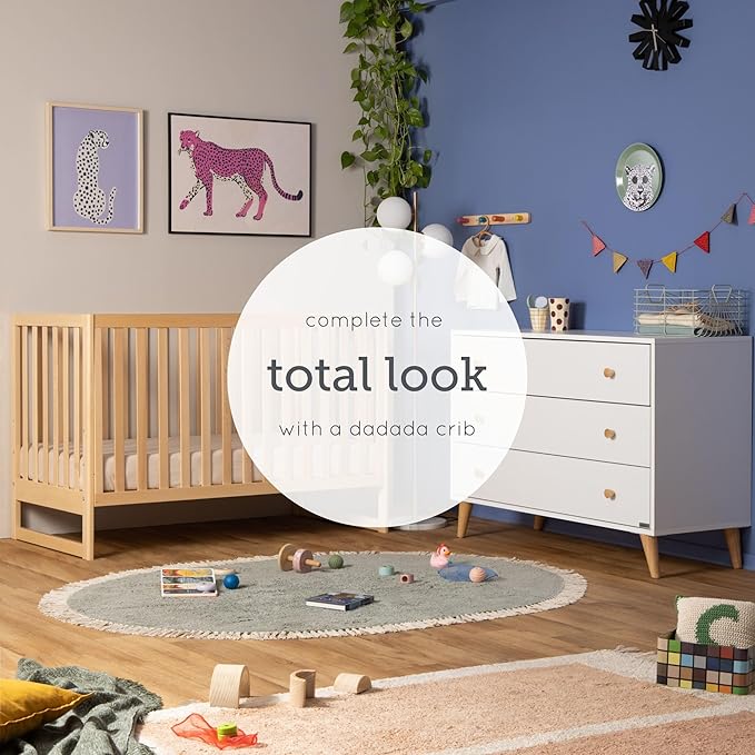 dadada Austin 3-Drawer Dresser for Nursery and Bedroom - Modern Design, Large Storage, Baby-Safe Finish, Soft Close Drawers, Anti-Tip Safety, Solid Wood Feet, Durable Construction (White+Natural)