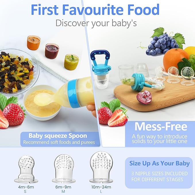 WAJIAYON Baby Fruit Feeder Pacifier - 12 Pack | 2 Infant Food Feeder Pacifier & 1 Babies Food Dispensing Spoon | Fruit Teethers for Babies | Silicone Teether Feeder Baby,Infant Teething Feeders (Blue)