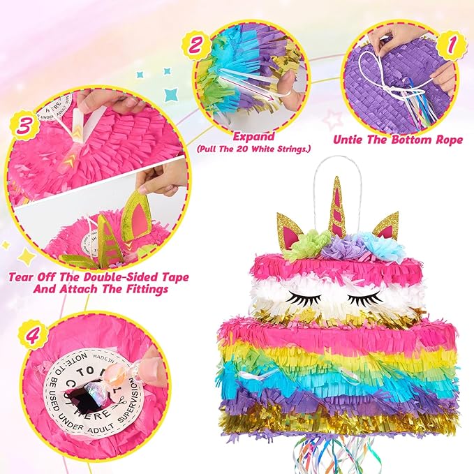 WERNNSAI Unicorn Cake Piñata Foldable - Unicorn Party Decorations Pink Girl Birthday Party Games Princess Pinata with Blindfold Bat and Tassels Happy Birthday Supplies for Kids Girls Classroom Game