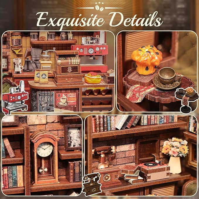 CUTEBEE Book Nook Kit - DIY Miniature House Coffee Shop Dollhouse Kit for Adults and Teens, Booknook Tiny House Bookshelf Decor 3D Wooden Puzzle, Gifts for Family, Friends (Corner Coffee Shop)