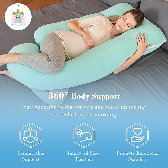 Cute Castle Cooling Cover Pregnancy Pillows, Soft U-Shape Maternity Pillow with Removable Cover - Full Body Pillows for Adults Sleeping - Pregnancy Must Haves - Jumbo 57 Inch - Turquoise