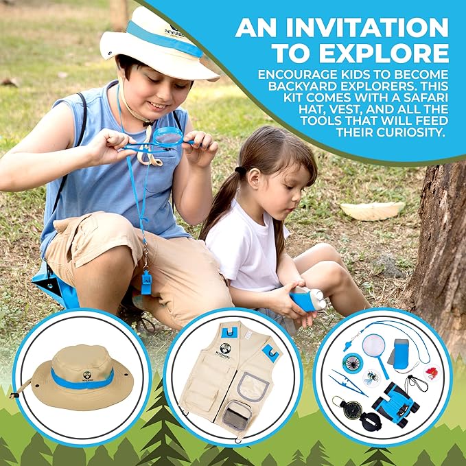 Kids Explorer Kit with Safari Vest & Hat for 3-12 Year Old Boys & Girls - Safari Costume & Dress Up as Zoo Keeper, Paleontologist - Giftable Outdoor Adventure Kit for Kids + Adventure Book