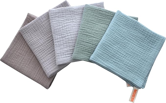 MUKIN Baby Washcloths,Muslin Burp Cloths Towels for Newborns,Absorbent Cotton Bath Face Towel ，5 Pack, 12x12 Inches (Coastal Calm)