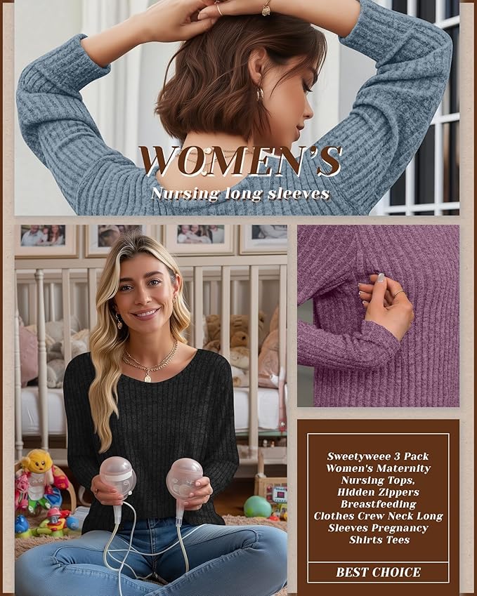 3 Pack Women's Nursing Long Sleeve Tops Breastfeeding Thermal Sweaters with Hidden Zipper Maternity Ribbed Shirts