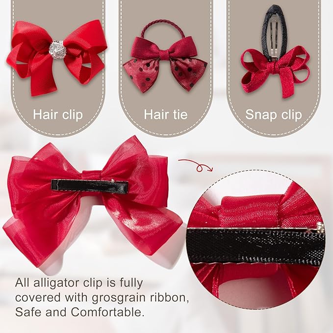 18pcs Red Hair Bows for Girls.Alligator Hair Clips,Hair-ties,Snap Clip Hairpins.Handmade Hair Accessories for Girls Gift Set