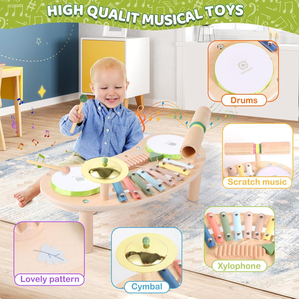 Asweets 7 in 1 Kids Drum Set for Toddlers Wooden Xylophone Musical Instruments Kit Play Set for Toddler Baby Drum Set Montessori Toys Sensory Toys Birthday Gifts for Girls Boys (Moon)