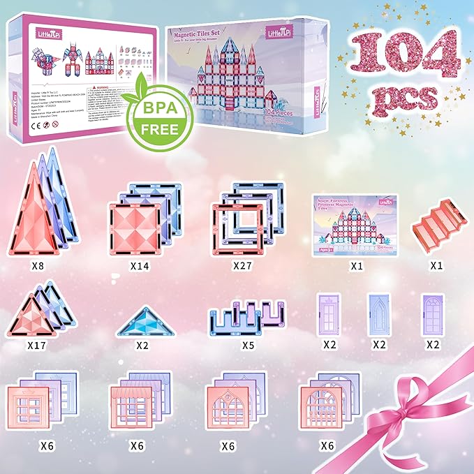Little Pi 104pcs Frozen Princess Castle Magnetic Tiles Building Blocks - 3D Diamond Blocks, STEM Educational Toddler Toys for Pretend Play, 4 Year Old Girl Birthday Gifts Kids Ages 3 5 6 7 8 - Pink